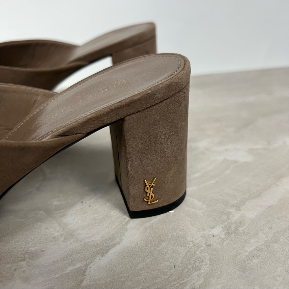 Saint Laurent Taupe Suede Crisscross Block Heel Mules with Gold YSL - Picture 6 of 13